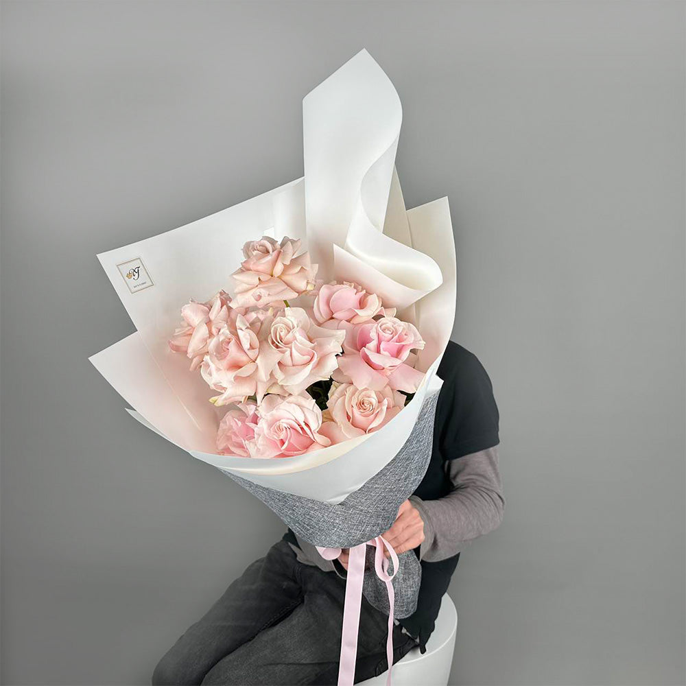 12 Reflexed Pale Pink Roses Bouquet (Optional Rose Colours)