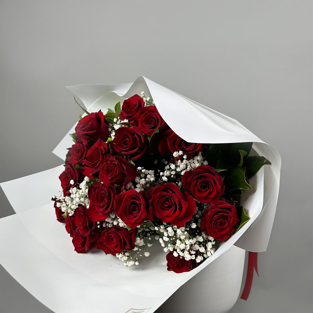 24 Red Roses & Babies Breath (Optional Rose Colours)