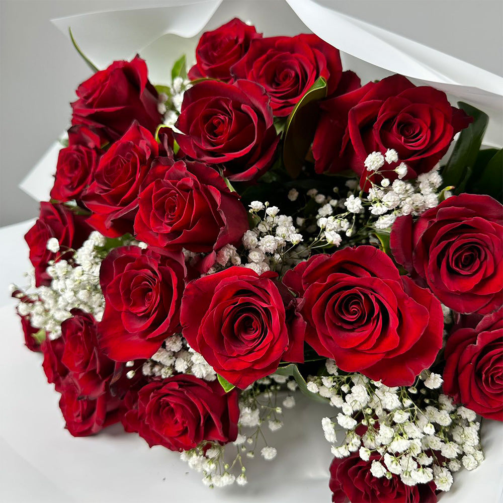 24 Red Roses & Babies Breath (Optional Rose Colours)
