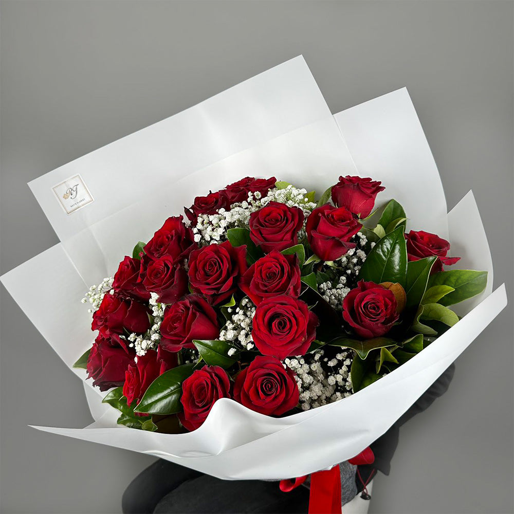 24 Red Roses & Babies Breath (Optional Rose Colours)