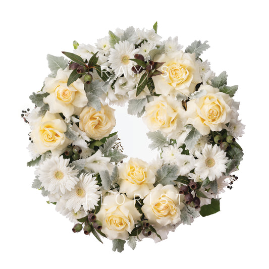 Wreath with Candelight Roses, Seasonal Whites & Gum Nuts