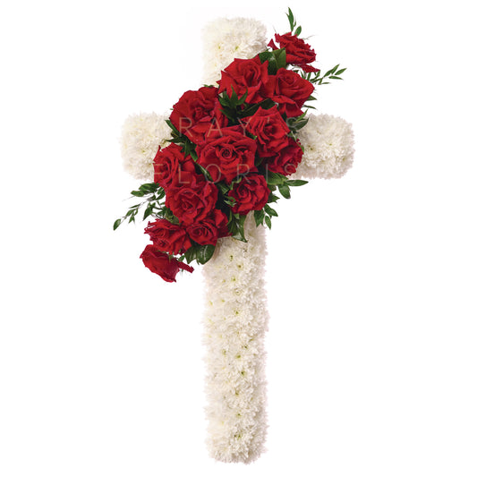 Cross with Red Rose Spray